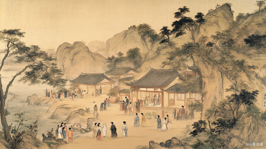 春天的山水画展现农舍中的劳作与自然之美