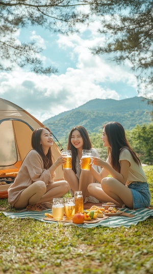 夏日笑语三女孩草地露营与啤酒的宁静时光