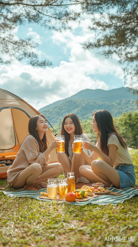 夏日笑语三女孩草地露营与啤酒的宁静时光