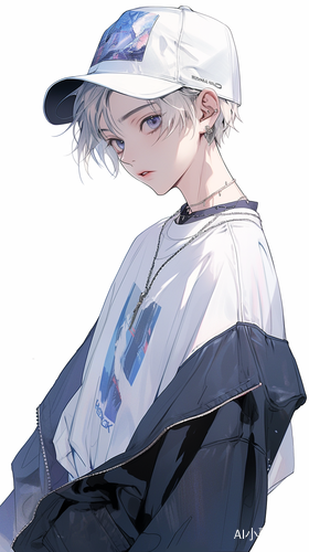 白色短发帅哥侯明昊穿蓝色衣服戴黑色鸭舌帽
