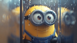 imagine prompt: A Minion is looking at itself in a wet mirror with water droplets and water mist. Shot with a Canon EOS R6, aperture f6.3, ISO 250, shutter speed 1100 sec. Soft and hazy light, warm tone ar 16:9 s 600 v 5 q 2