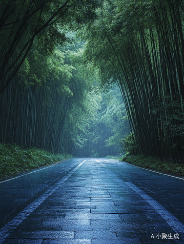 竹林深处青石板路中雨绵绵