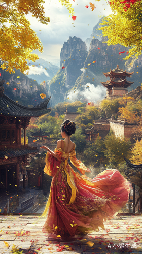 美女在古庭院中翩翩起舞高端设计全景镜头