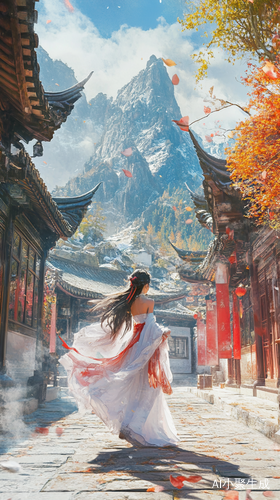 美女在古庭院中翩翩起舞高端设计全景镜头