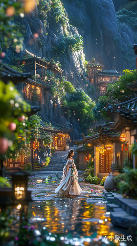 美女在古庭院中翩翩起舞高端设计全景镜头