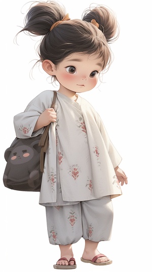 A cute 3 year old Chinese girl with a big head and a small body, her hair is fluffy andmessy tied in a pill head, big eyes, one eye blinking, doe mouth, playful and cute, wearing a long cotton and linen embroidered shaft, a pair of grey cotton and linen straight legged pants, a yellow shoulder bag, striding forward, 3D, illustration ar 9:16stylize 180 niji 6