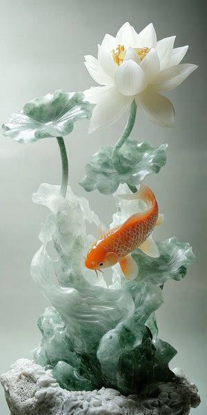 Lotus, two koi, jade material,landscape,auspicious cloud, watercolor, jade carving technology, green and white tone, light background, excellent picture quality, fine details, 3d rendering, super wide Angle lens.