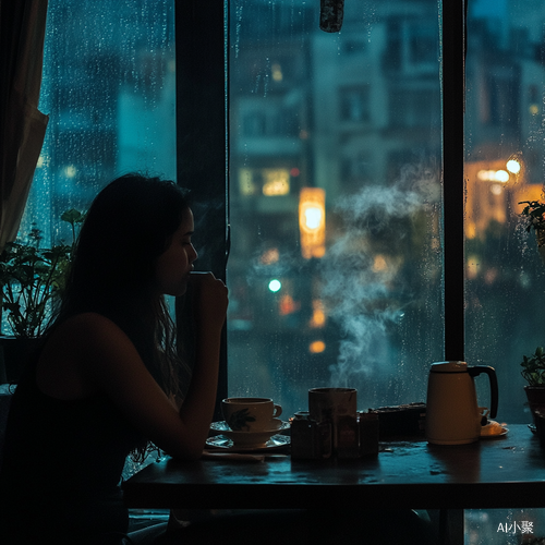 孤独女人在落地窗前的咖啡与烟雨夜