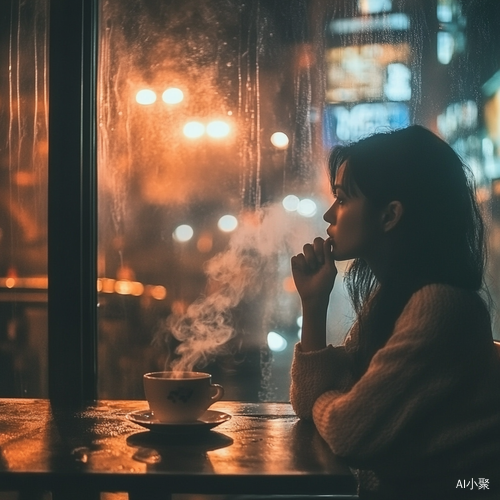 孤独女人在落地窗前的咖啡与烟雨夜