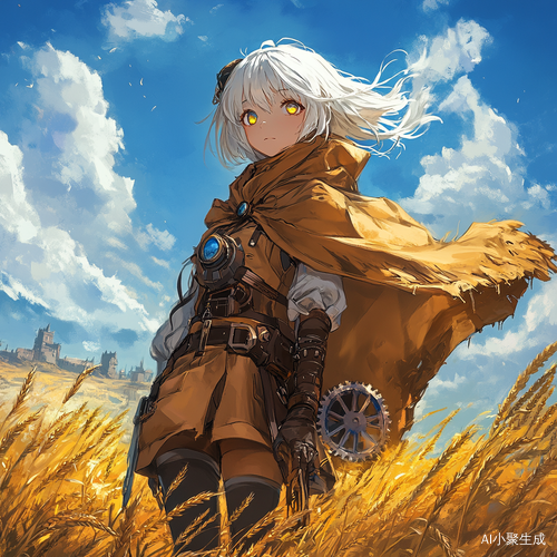 少女在金色麦田中的蒸汽朋克风格侧身照