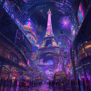 A detailed digital painting of an indoor theme park with many different shapes and sizes, decorated for the Olympic Games in Paris. The main feature is the Eiffel Tower surrounded by various sports themed rides.There's also fireworks lighting up the night sky above it all. It has purple and blue neon lights everywhere. In front there' s people wearing olympic cheering or riding on roller coasters. ultra detailed, high resolutions. 64K