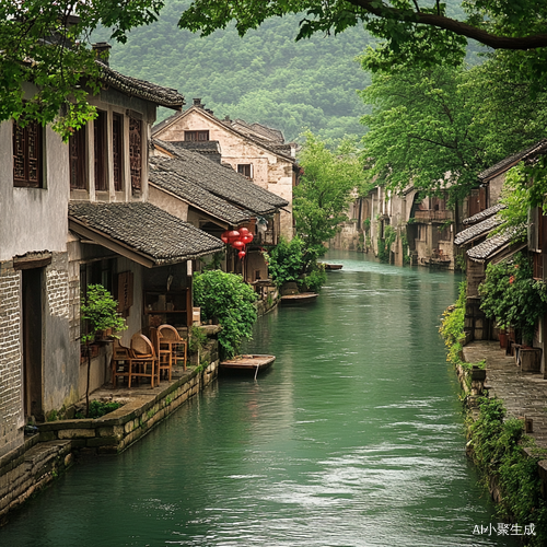 青砖灰瓦映衬下的江南水乡小镇风景