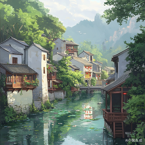 青砖灰瓦映衬下的江南水乡小镇风景