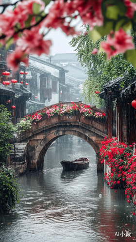 江南雨季花开小桥与船的美丽景象