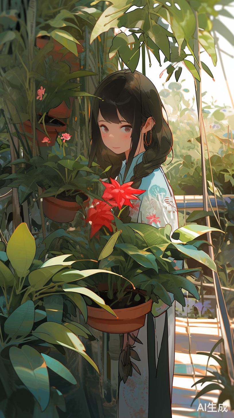 黑发红棕眼睛少女在植物园中抱植物