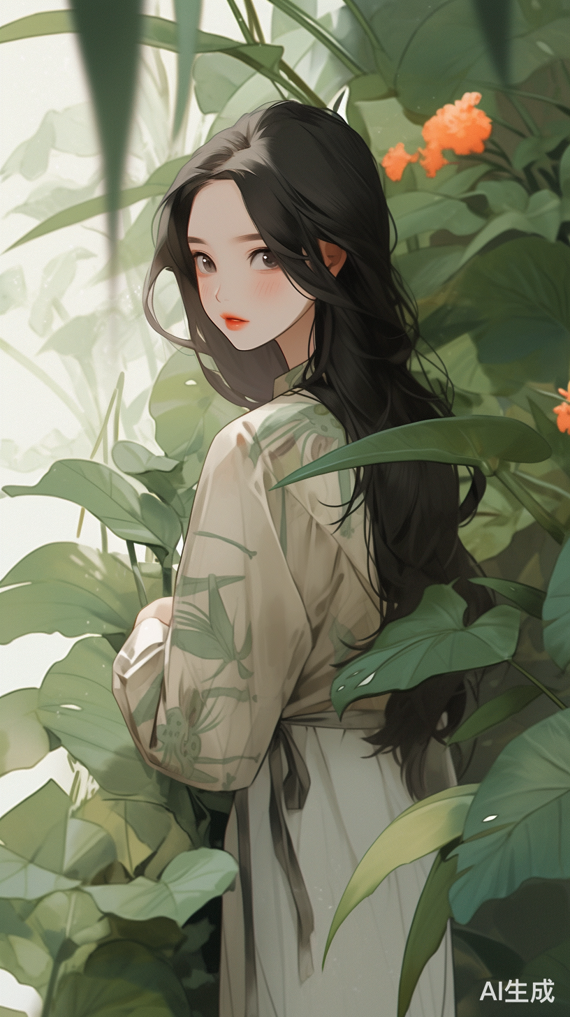 黑发红棕眼睛少女在植物园中抱植物