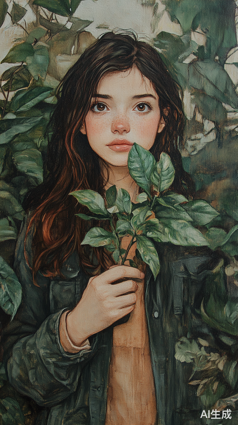 黑发红棕眼睛少女与植物园的亲密互动