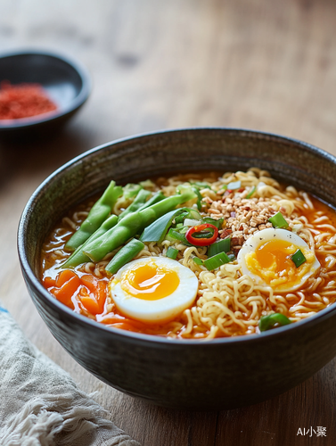 高清食物摄影泡面与溏心鸡蛋青菜的美味搭配