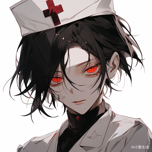 黑发男生护士帽病服红眼脸上带血