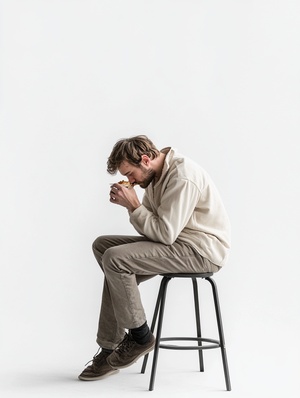 aerial axonometric shot, man sit on low stool and eat something, white background, canon 6d, ar 1:2