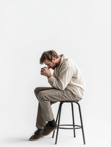 Aerial Axonometric Shot of Man Eating on Low Stool