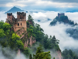 mountain peaks of clouds are covered with forest, in the style of li shuxing, romantic ruins, creative commons attribution, uhd image, david burdeny, historical romanticism ar 128:71 v 6.0 style raw