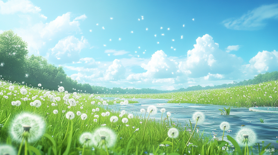 Anime Style Green Grassland with Floating Dandelion Seeds and Blue Sky