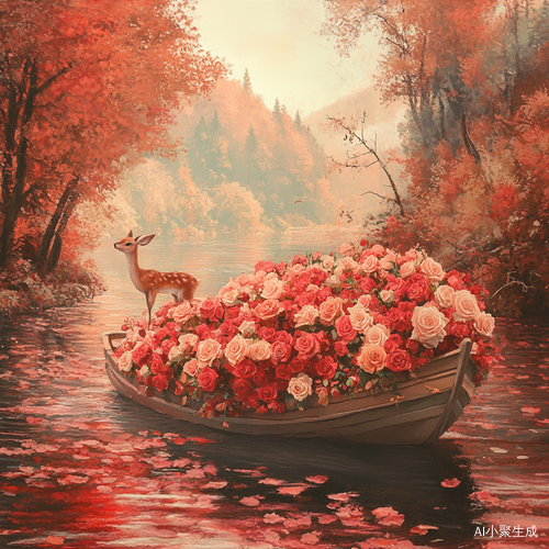 装满玫瑰和小鹿的船在水中漂浮的美丽场景