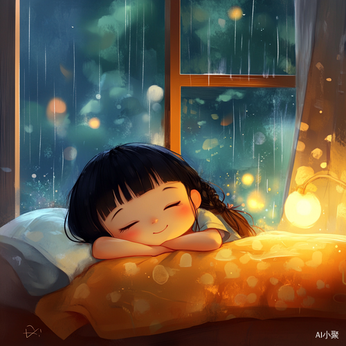 清新自然的卡通插画小女孩在夜雨中安静舒适的卧室