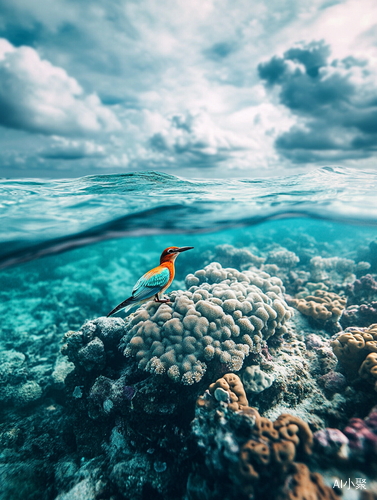 Crystal Reef and Colorful Bird in Tranquil Ocean by Photographer Dan Winters