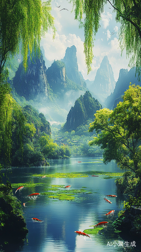国风山水画卷中的湖边迷人景色