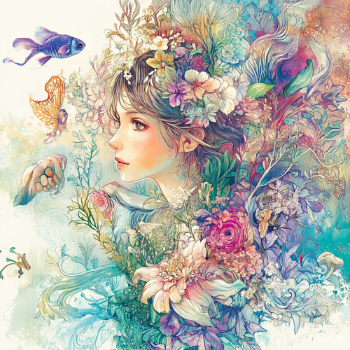 彩铅绘制的女角色在花海中捧花的唯美场景