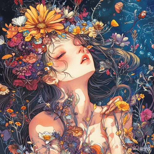 彩铅绘制的女角色在花海中捧花的唯美场景