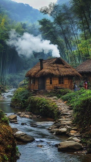 乡村的一间茅草屋，茅草屋顶烟筒冒烟，远景，竹林环绕，平缓的山溪潺潺，烟雨蒙蒙，光线明亮，景深，广角，高清超细节，华为MP60手机摄影效果，茅草屋外有条小溪，溪水特别清澈，有对情侣在溪边接吻