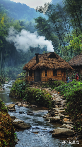 烟雨竹林中情侣溪畔亲吻的茅草屋景色