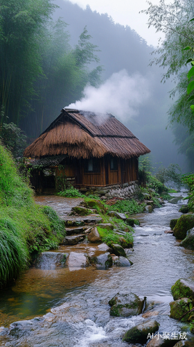 烟雨竹林中情侣溪畔亲吻的茅草屋景色