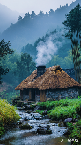 烟雨竹林中情侣溪畔亲吻的茅草屋景色