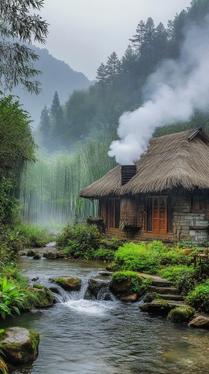 乡村的一间茅草屋，茅草屋顶烟筒冒烟，远景，竹林环绕，平缓的山溪潺潺，烟雨蒙蒙，光线明亮，景深，广角，高清超细节，华为MP60手机摄影效果，茅草屋外有条小溪，溪水特别清澈，有对情侣在溪边接吻