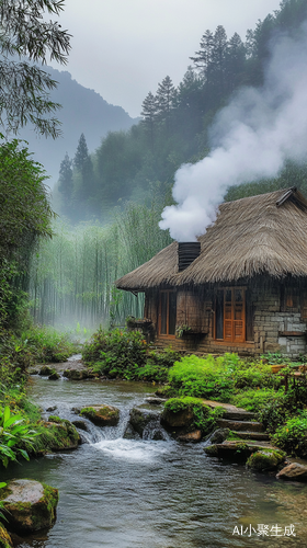 烟雨竹林中情侣溪畔亲吻的茅草屋景色