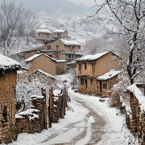 雪景下的破旧村庄与土坯房