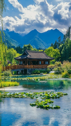 山水如画的美，白云飘逸，阳光洒向山间，泉水流敞，绝美的风景，草屋伫立，旅游的好地方。