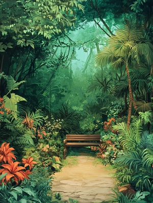 The image is a painting of a lush, tropical forest that has been skillfully rendered in a cartoon style. The tone of the painting is somewhat whimsical and dreamy, giving the scene a unique and artistic feel. The colors used in the painting are predominantly green, which enhances the vibrant and lively atmosphere of the forest.The painting features a variety of elements, including trees, plants, and a bench. The trees are lush and full, providing a sense of depth and texture to the scene. The plants are sca