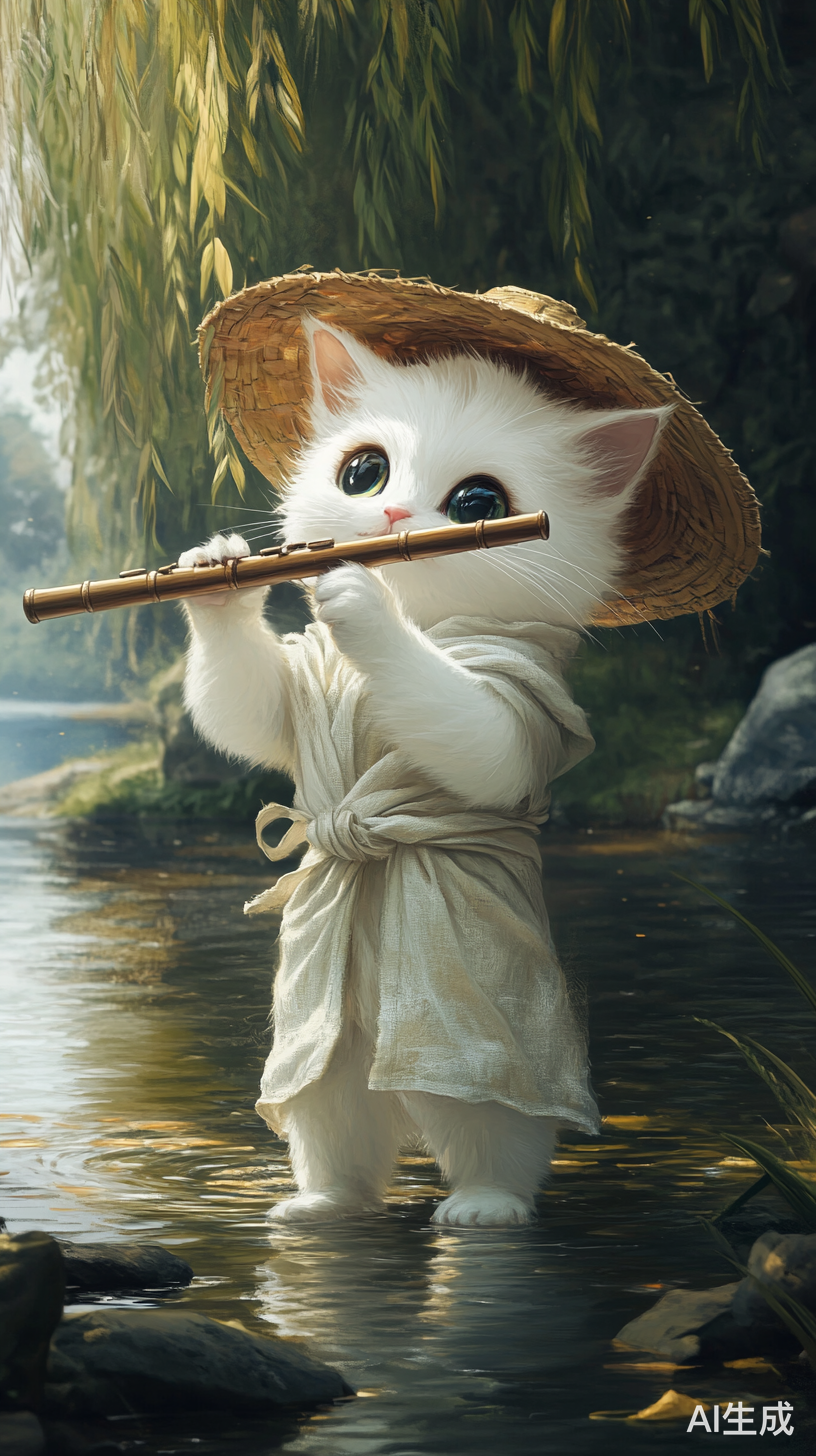 风中吹笛的白色猫咪在湖边静谧的瞬间