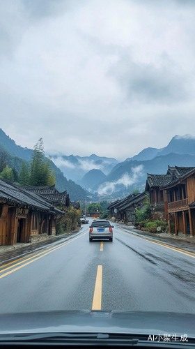 汽车视角下的宜人山景与烟雾缭绕的村庄