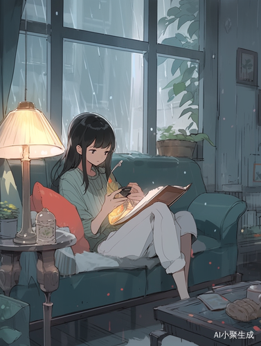 雨天沙发上的女孩阅读书籍的插画