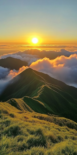 武功山风景，山顶绿油油的草地在云海上，日出，金色的光照耀着，刚升起的太阳，写实风景，细腻的画质，超清，高质量，杰作，景区风景