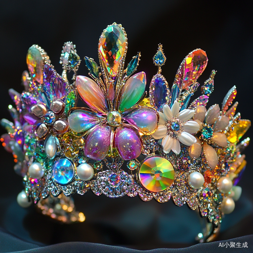 闪耀彩虹色皇冠与璀璨宝石和花香