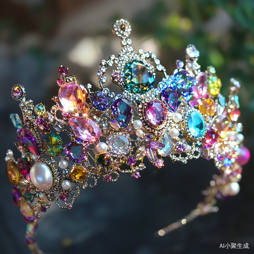 闪耀彩虹色皇冠与璀璨宝石和花香