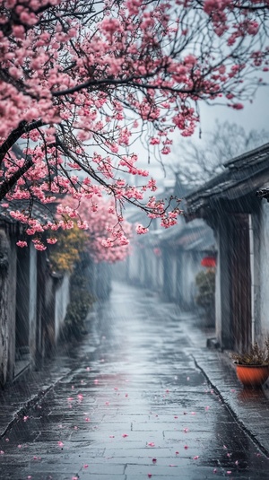 江南小镇，桃花，下雨街景