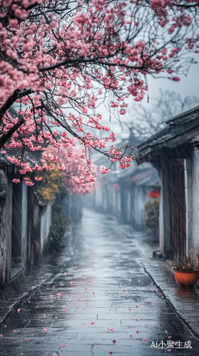 江南小镇雨中桃花街景